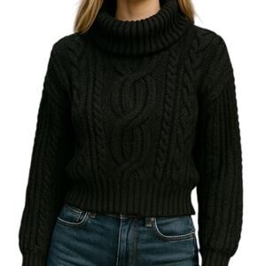 Hera Collection Sweater Womens Small Turtleneck Black Cable Knit Crop